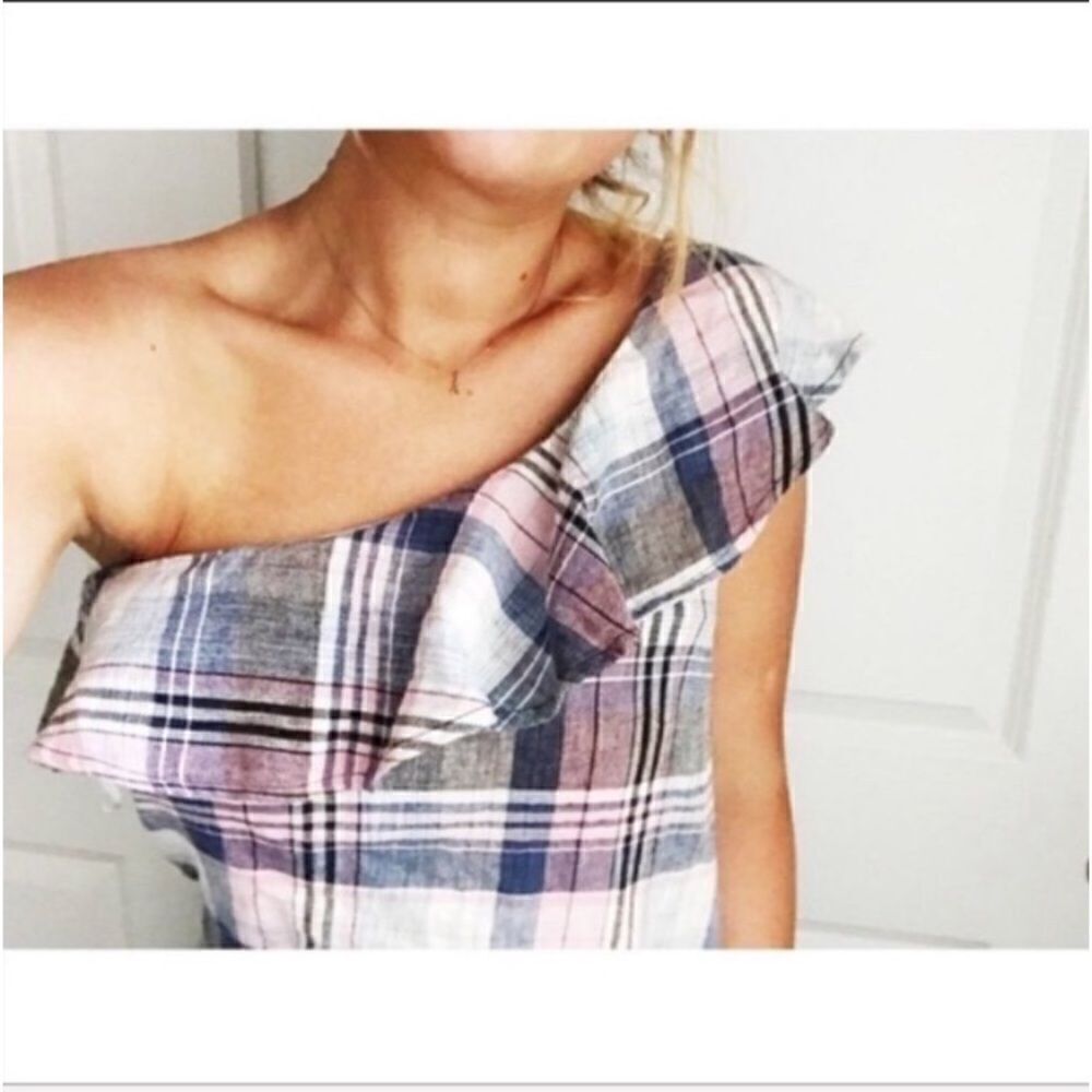 Anthropologie Cloth & Stone Plaid Ruffle One Shoulder Linen Blend Top Size M